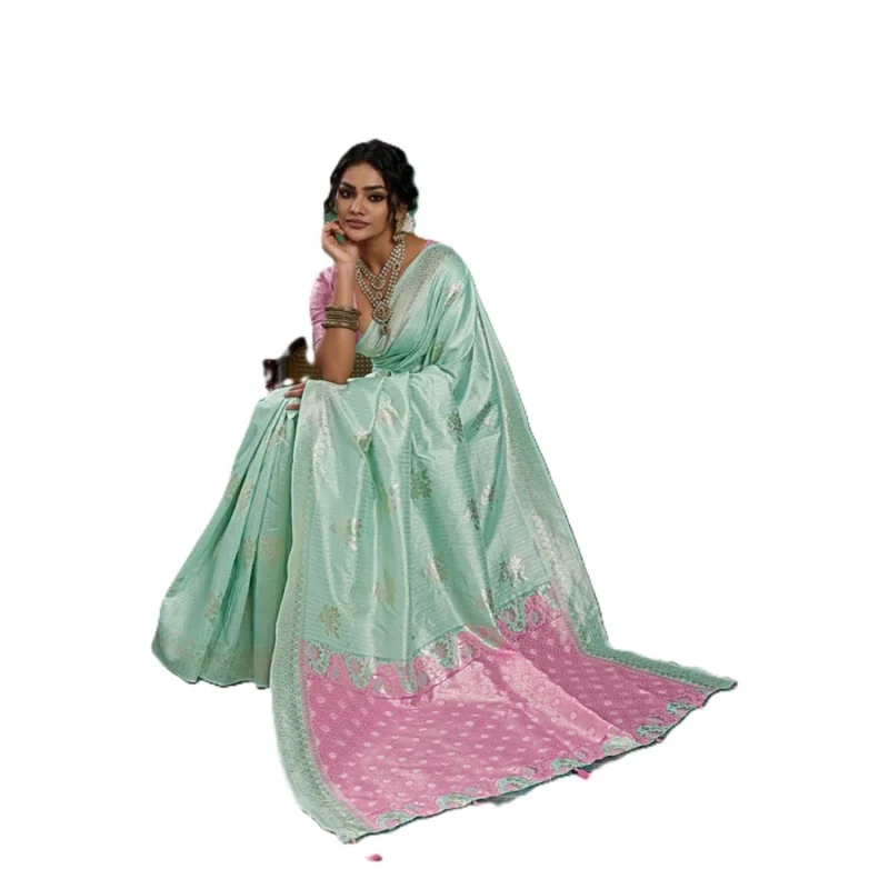 Women's Linen Cotton Printed Saree With Unstitched Blouse 5.5Mtr (Sea Green) - Image 4