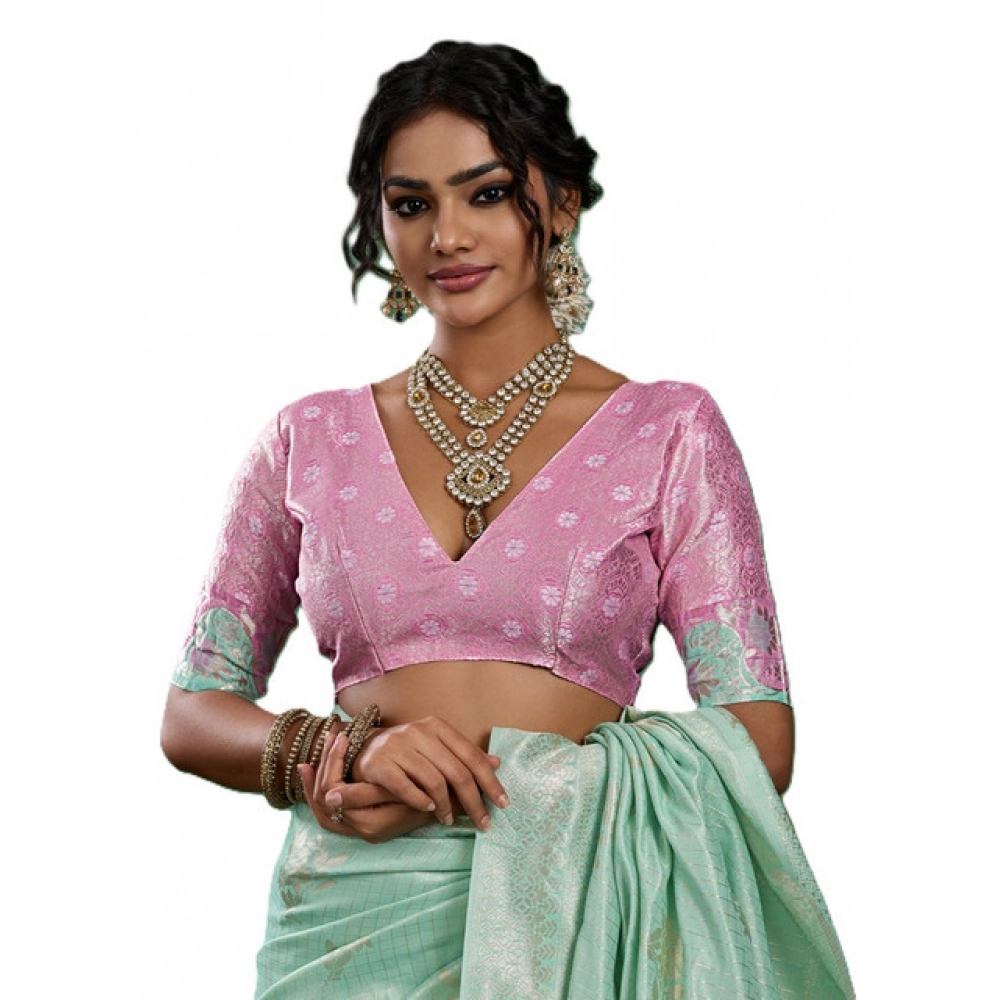 Women's Linen Cotton Printed Saree With Unstitched Blouse 5.5Mtr (Sea Green) - Image 5