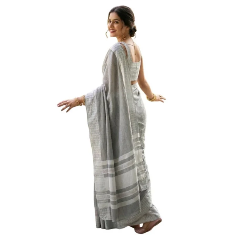 Women's Linen Striped Saree With Unstitched Blouse 5.5Mtr (Gray) - Image 2