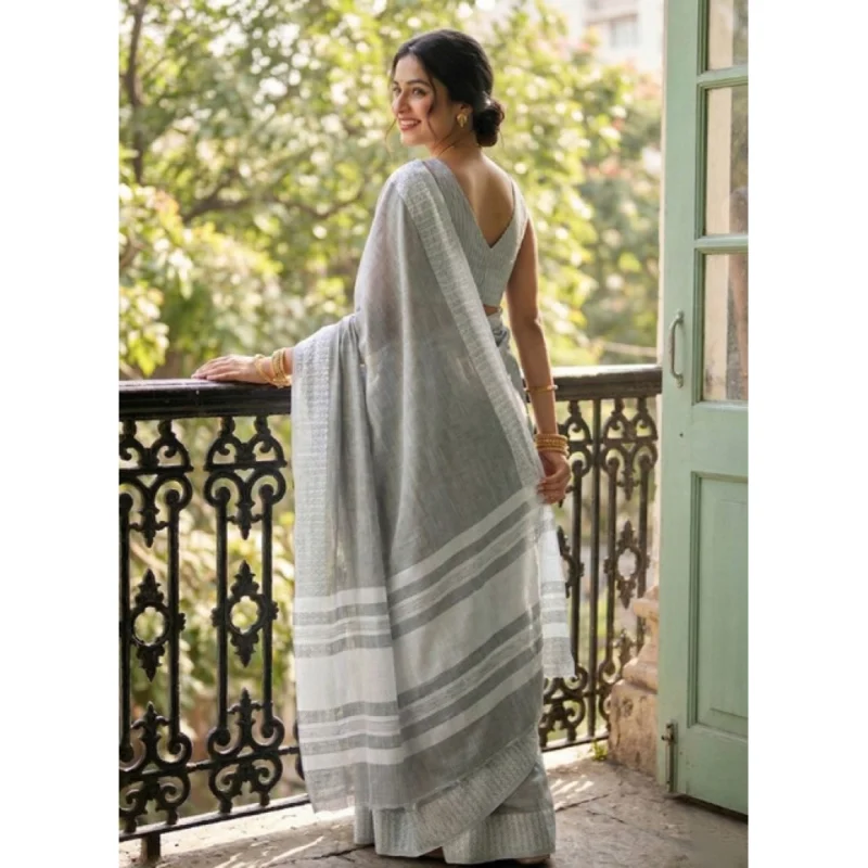 Women's Linen Striped Saree With Unstitched Blouse 5.5Mtr (Gray) - Image 3