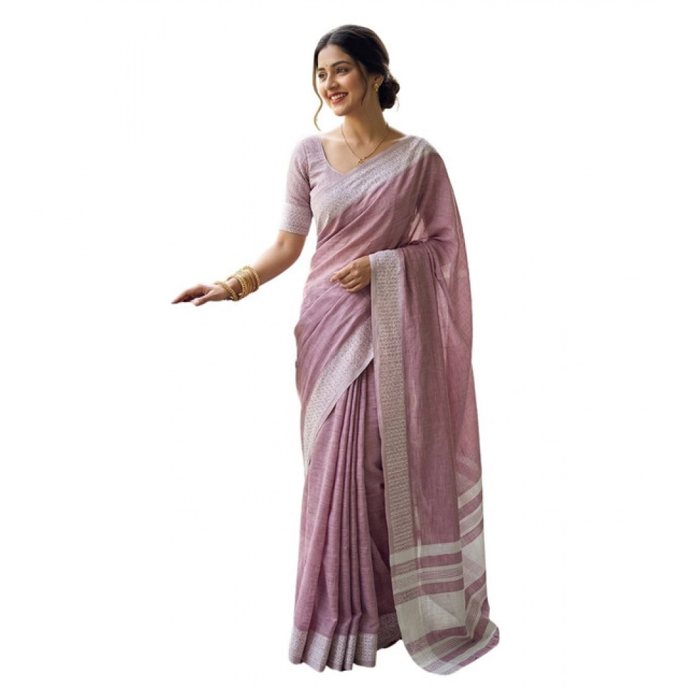 Women's Linen Striped Saree With Unstitched Blouse 5.5Mtr (Magenta) - Image 2