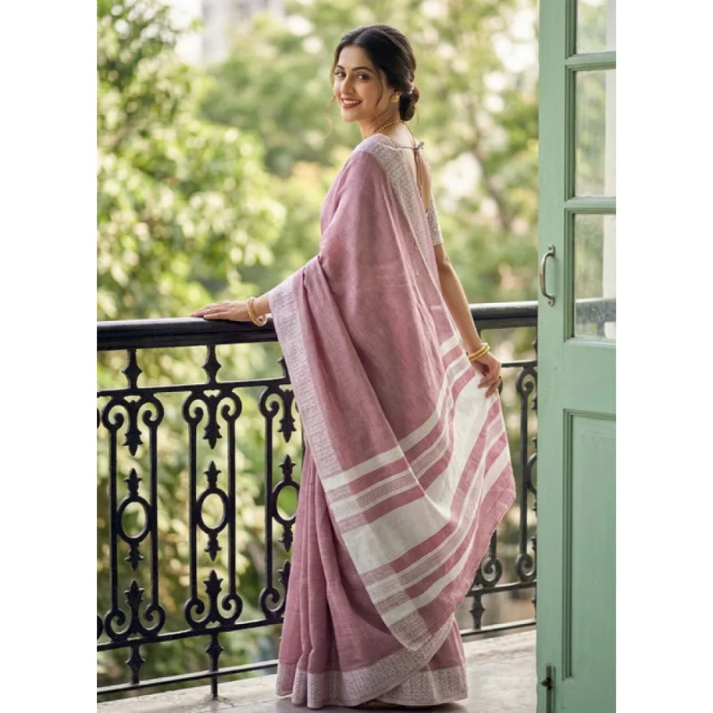 Women's Linen Striped Saree With Unstitched Blouse 5.5Mtr (Magenta) - Image 3