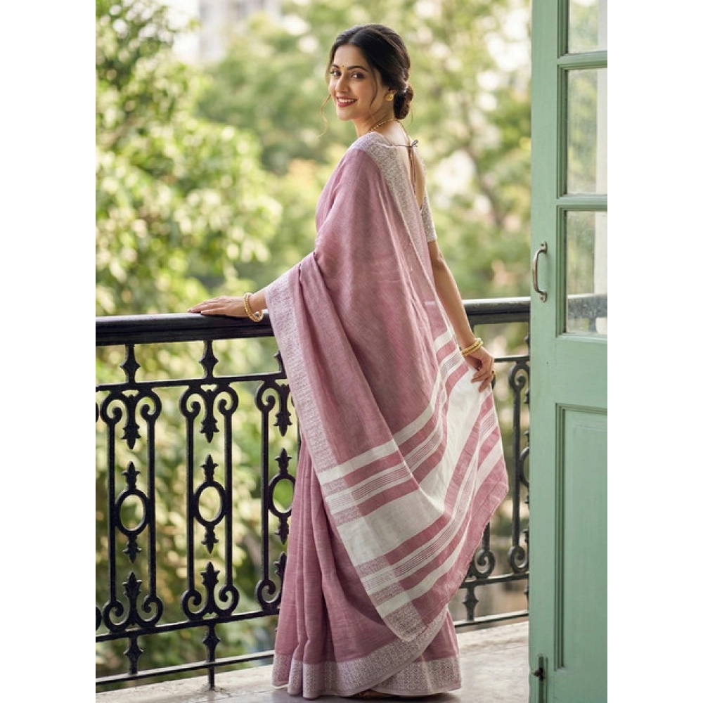 Women's Linen Striped Saree With Unstitched Blouse 5.5Mtr (Magenta) - Image 3