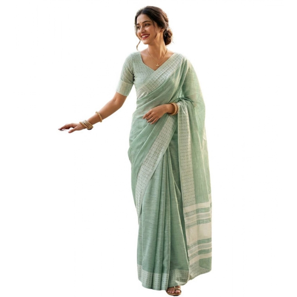 Women's Linen Striped Saree With Unstitched Blouse 5.5Mtr (Sea Green) - Image 2