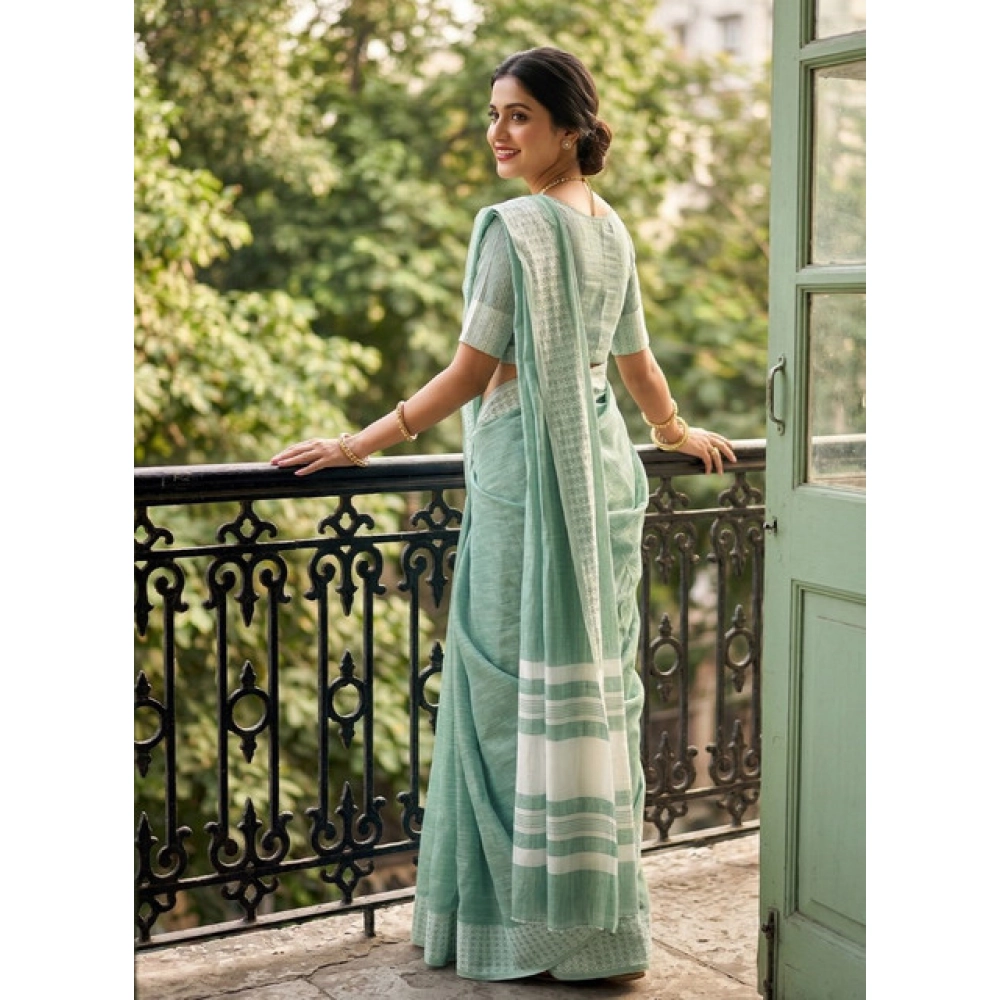 Women's Linen Striped Saree With Unstitched Blouse 5.5Mtr (Sea Green) - Image 3