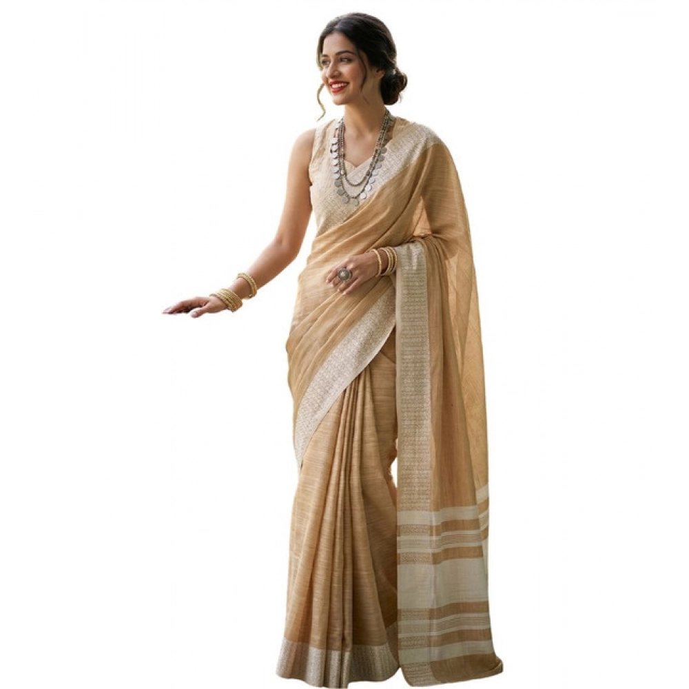Women's Linen Striped Saree With Unstitched Blouse 5.5Mtr (Mustard Yellow) - Image 2