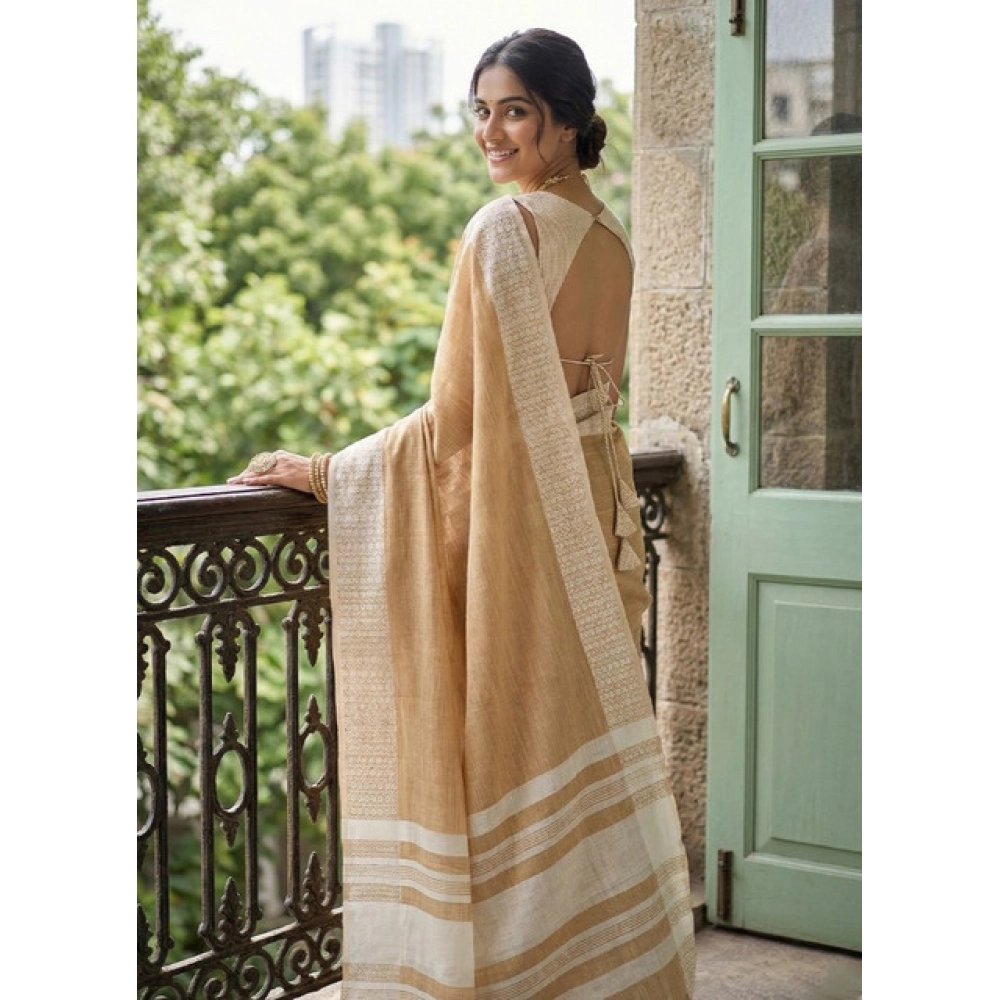 Women's Linen Striped Saree With Unstitched Blouse 5.5Mtr (Mustard Yellow) - Image 3