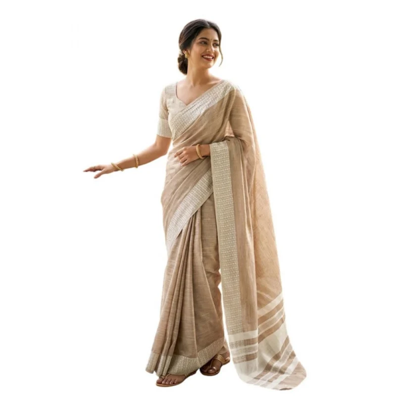 Women's Linen Striped Saree With Unstitched Blouse 5.5Mtr (Lite Brown) - Image 2