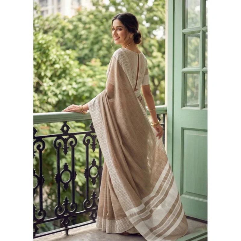 Women's Linen Striped Saree With Unstitched Blouse 5.5Mtr (Lite Brown) - Image 3
