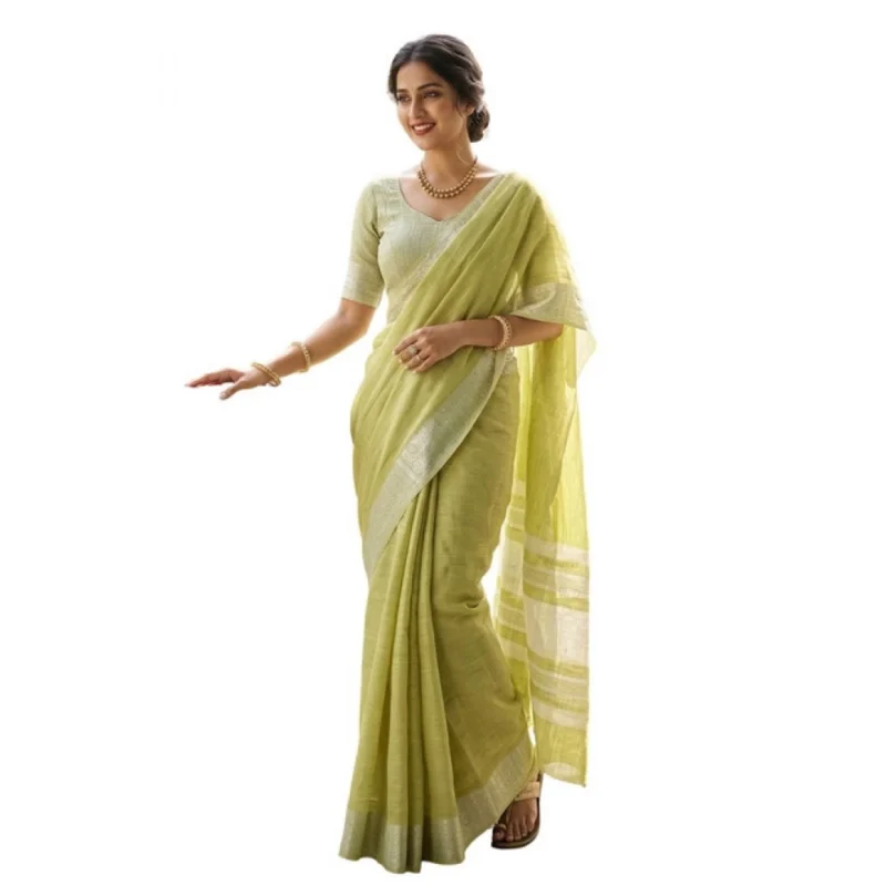 Women's Linen Striped Saree With Unstitched Blouse 5.5Mtr (Light Green) - Image 2