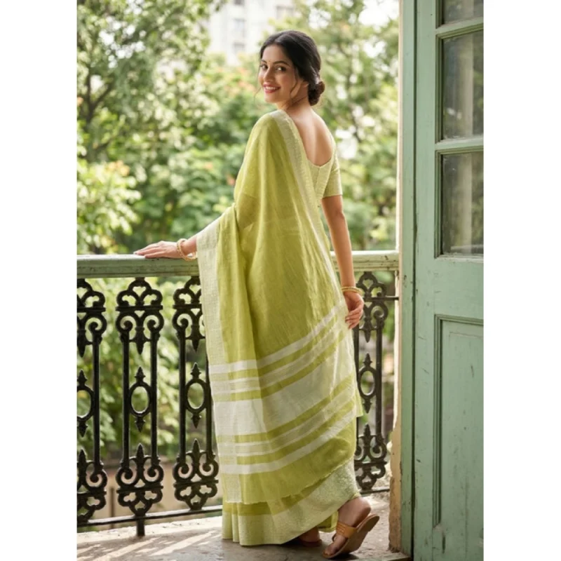 Women's Linen Striped Saree With Unstitched Blouse 5.5Mtr (Light Green) - Image 3
