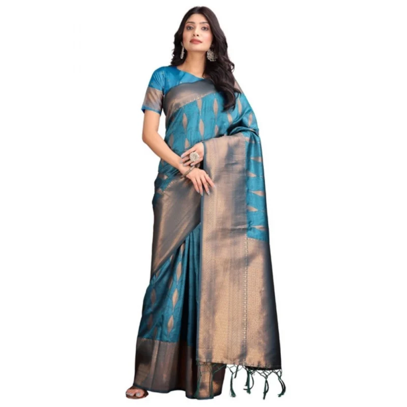 Women's Banarasi Silk Printed Saree With Unstitched Blouse 5.5Mtr (Blue) - Image 2