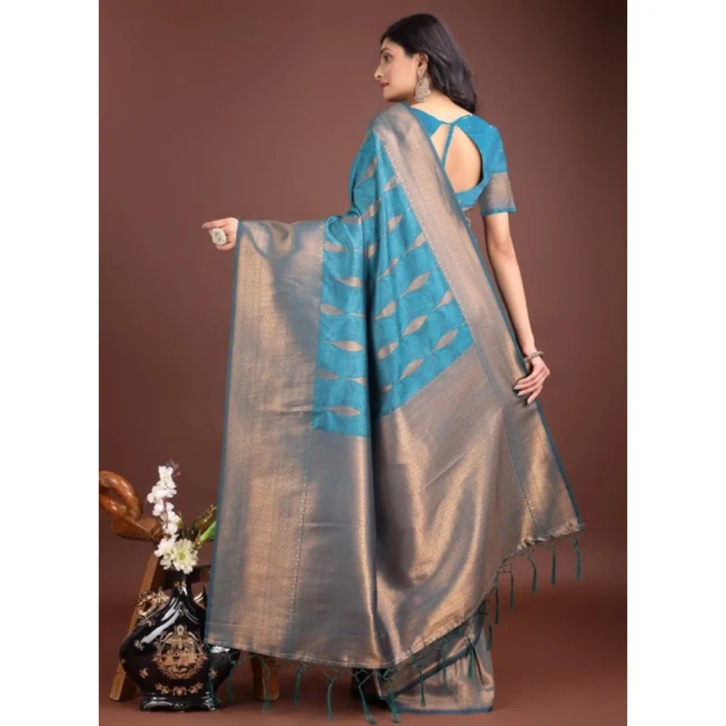 Women's Banarasi Silk Printed Saree With Unstitched Blouse 5.5Mtr (Blue) - Image 3