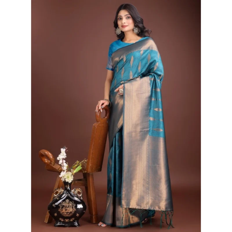 Women's Banarasi Silk Printed Saree With Unstitched Blouse 5.5Mtr (Blue) - Image 4