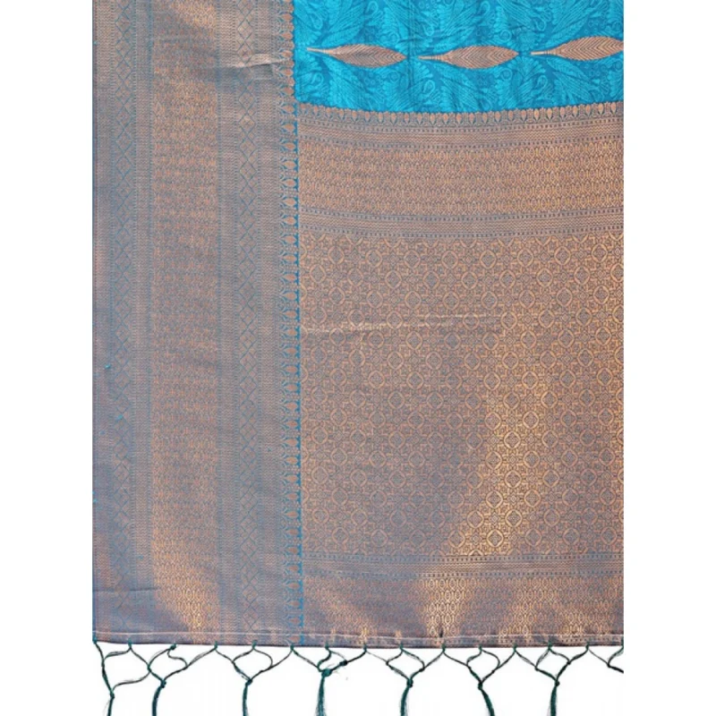 Women's Banarasi Silk Printed Saree With Unstitched Blouse 5.5Mtr (Blue) - Image 5