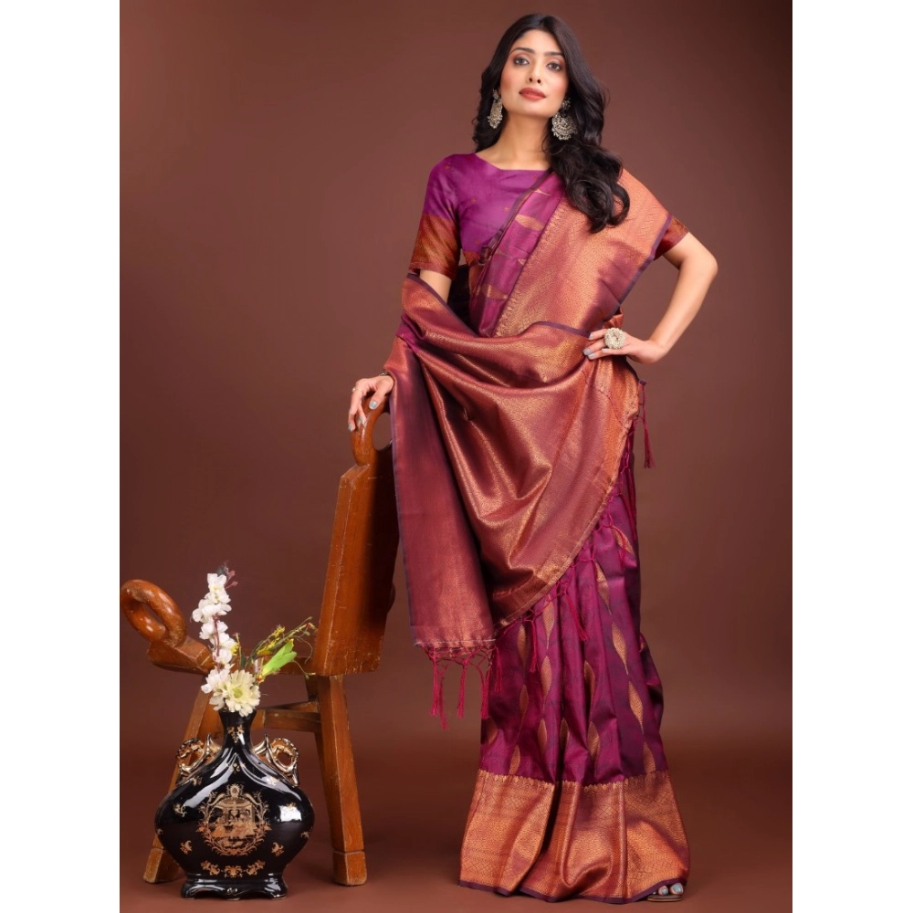 Women's Banarasi Silk Printed Saree With Unstitched Blouse 5.5Mtr (Purple)