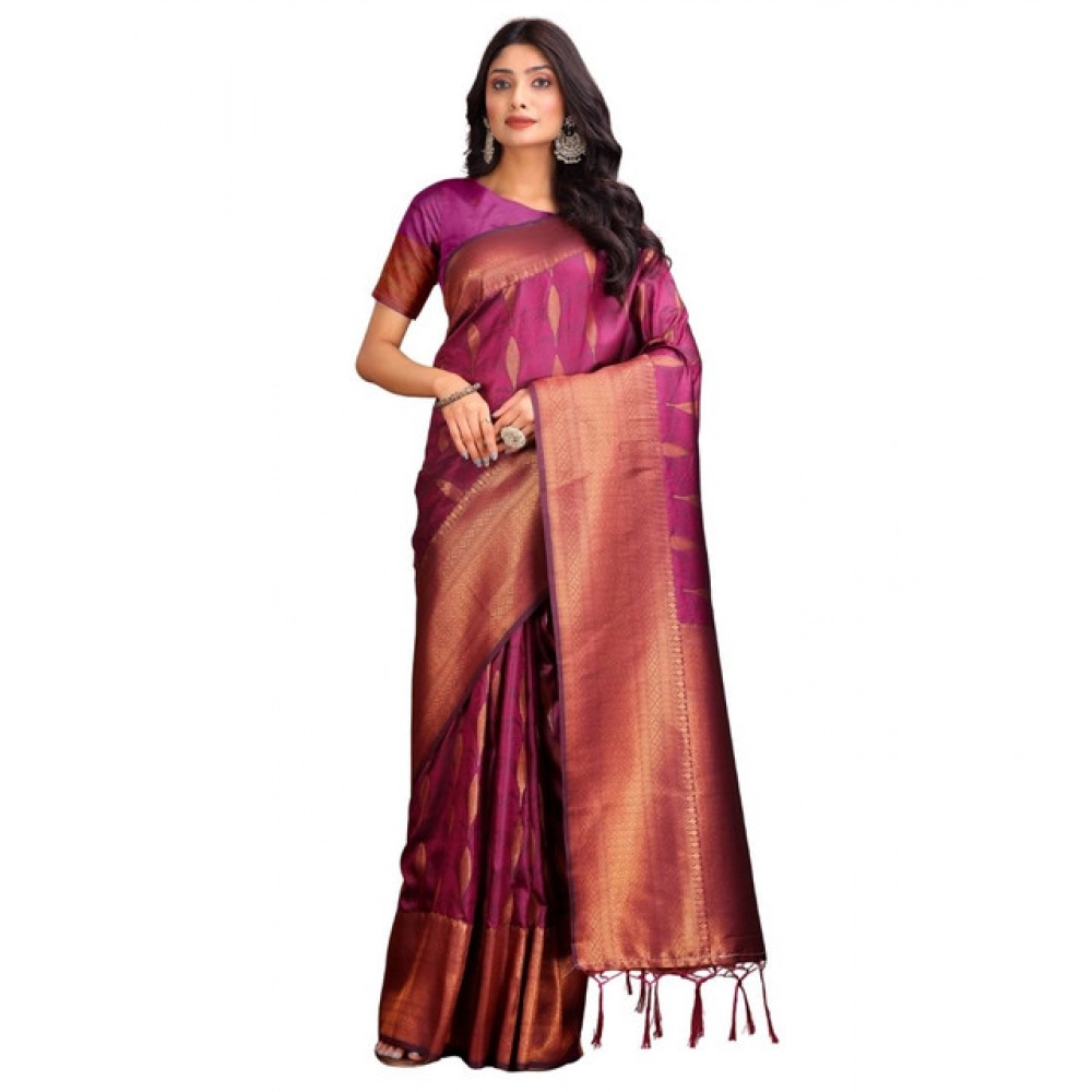 Women's Banarasi Silk Printed Saree With Unstitched Blouse 5.5Mtr (Purple) - Image 2