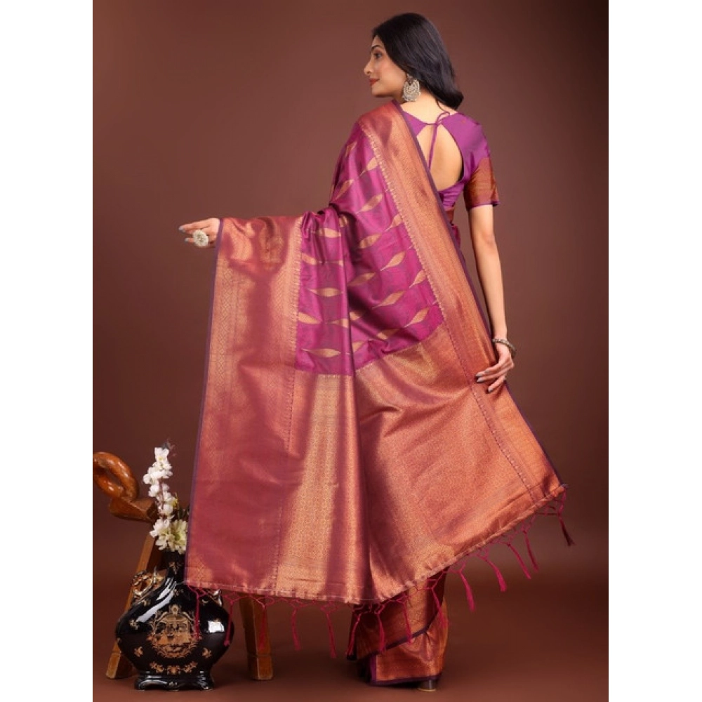 Women's Banarasi Silk Printed Saree With Unstitched Blouse 5.5Mtr (Purple) - Image 3