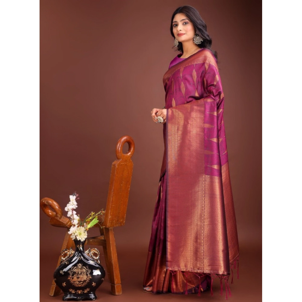 Women's Banarasi Silk Printed Saree With Unstitched Blouse 5.5Mtr (Purple) - Image 4