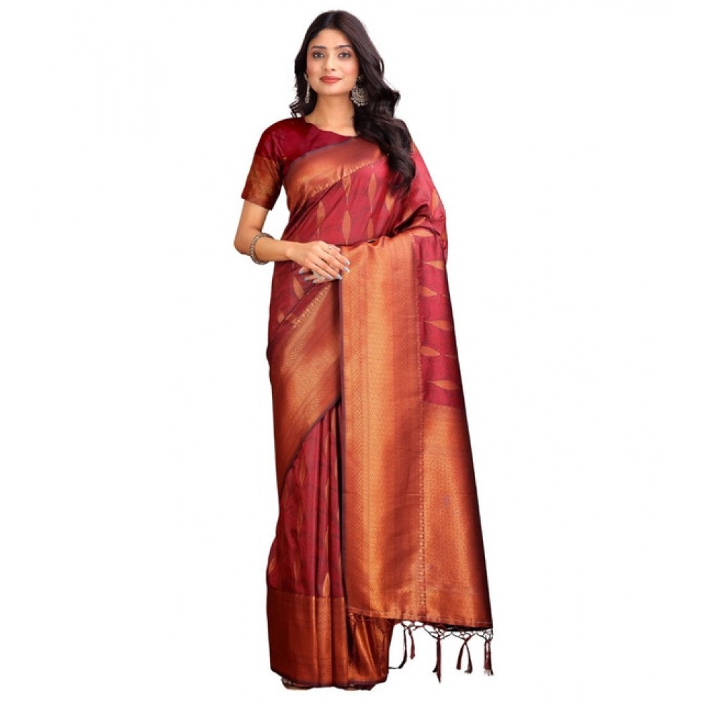 Women's Banarasi Silk Printed Saree With Unstitched Blouse 5.5Mtr (Maroon) - Image 2
