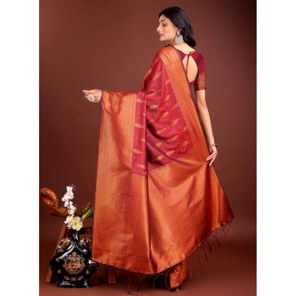 Women's Banarasi Silk Printed Saree With Unstitched Blouse 5.5Mtr (Maroon) - Image 3