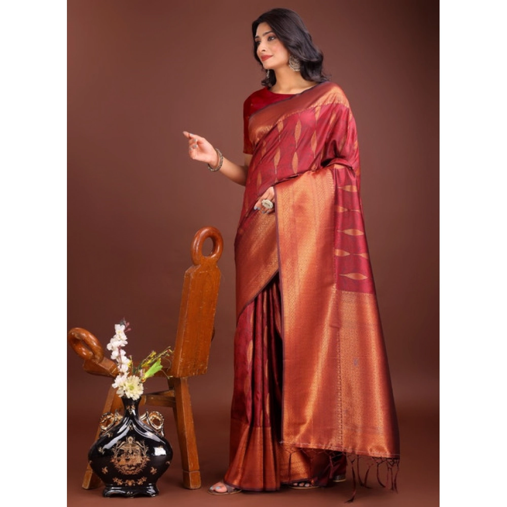 Women's Banarasi Silk Printed Saree With Unstitched Blouse 5.5Mtr (Maroon) - Image 4