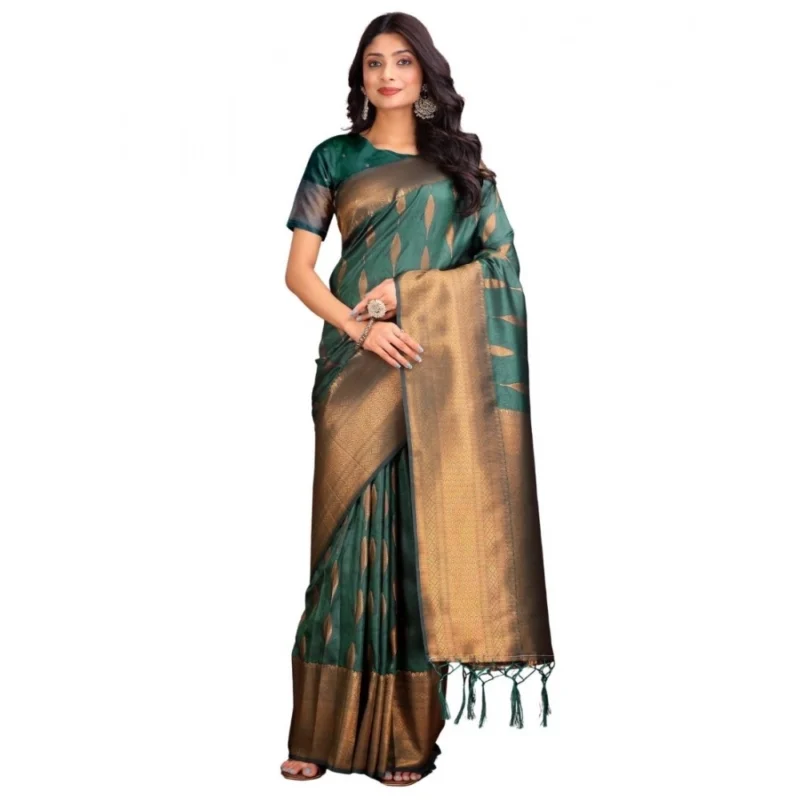 Women's Banarasi Silk Printed Saree With Unstitched Blouse 5.5Mtr (Green) - Image 2