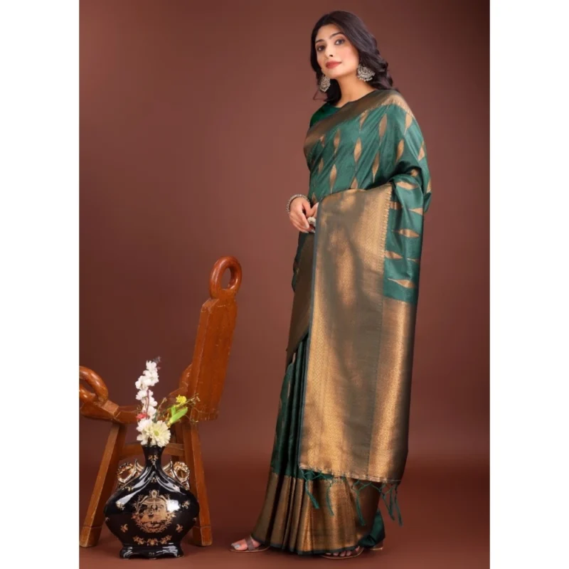 Women's Banarasi Silk Printed Saree With Unstitched Blouse 5.5Mtr (Green) - Image 4