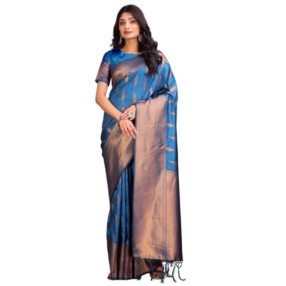 Women's Banarasi Silk Printed Saree With Unstitched Blouse 5.5Mtr (Royal Blue) - Image 2