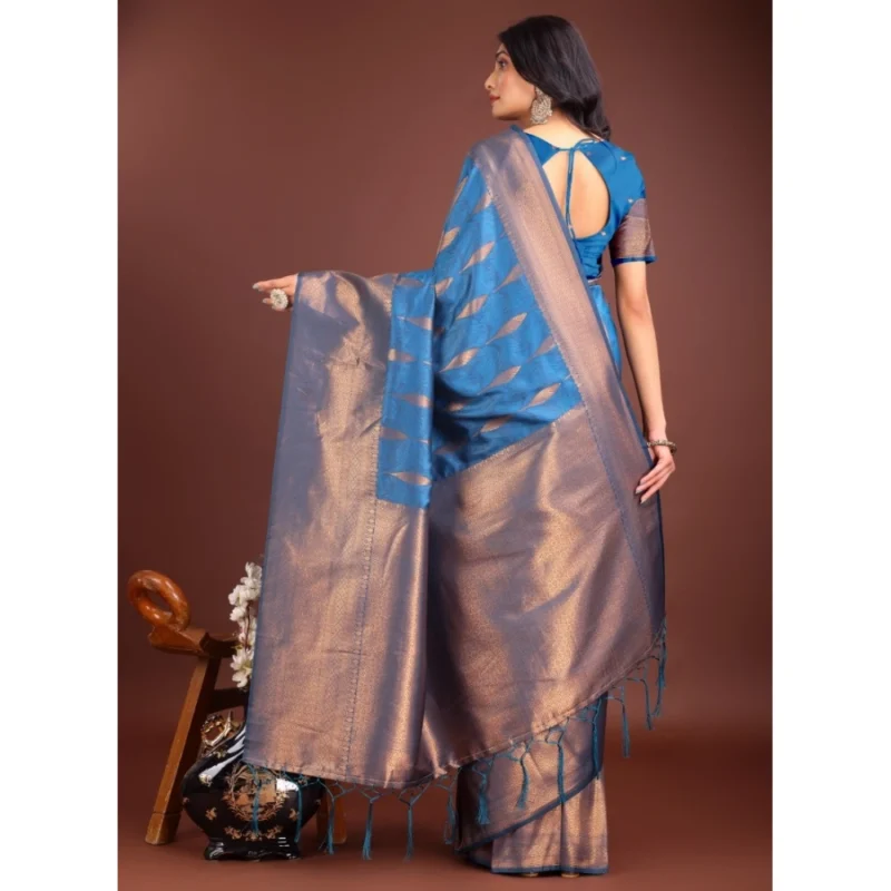 Women's Banarasi Silk Printed Saree With Unstitched Blouse 5.5Mtr (Royal Blue) - Image 3