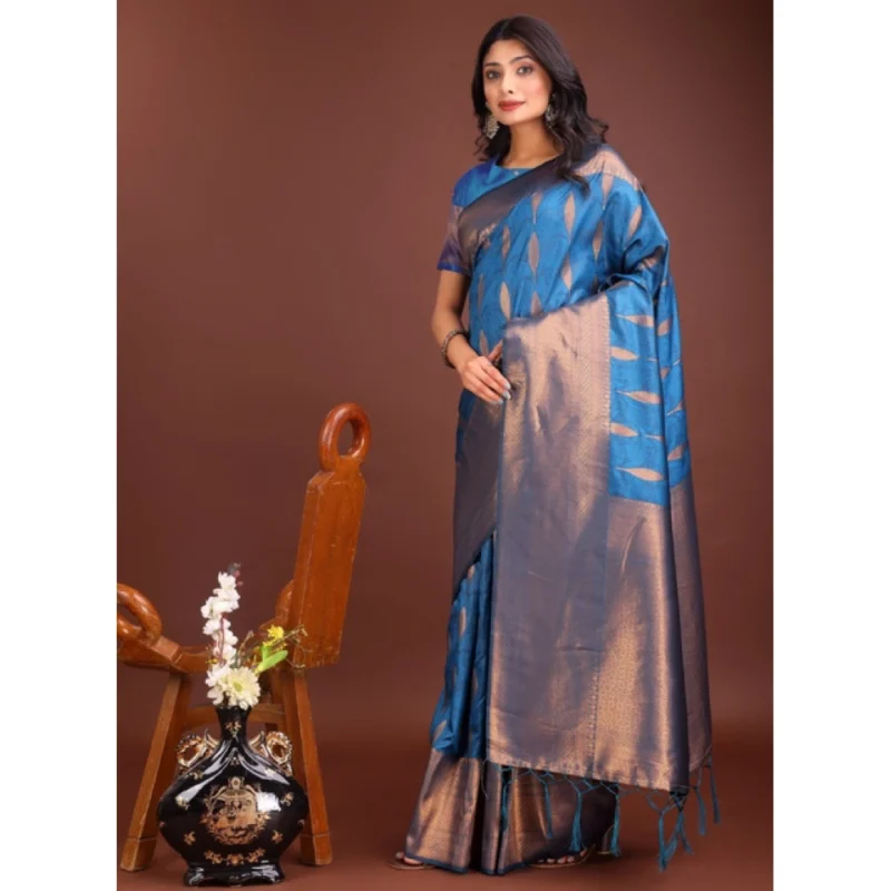 Women's Banarasi Silk Printed Saree With Unstitched Blouse 5.5Mtr (Royal Blue) - Image 4