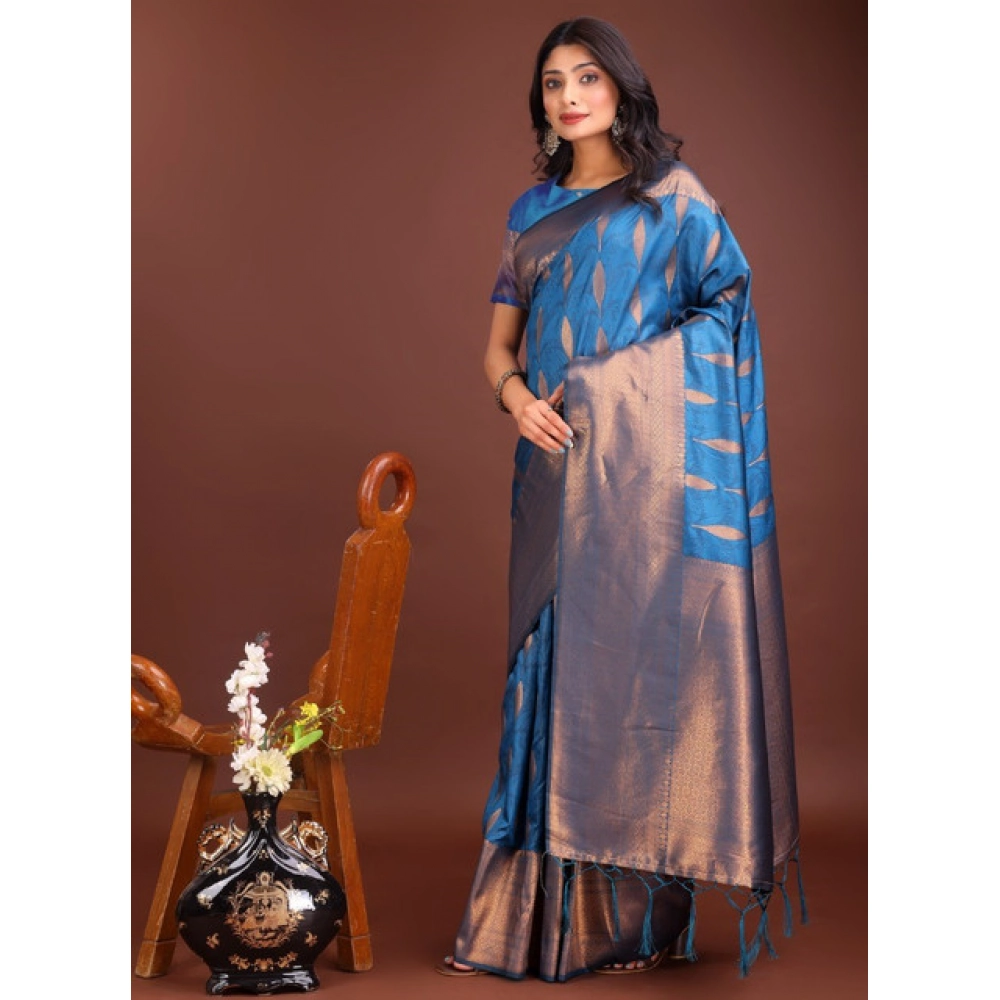 Women's Banarasi Silk Printed Saree With Unstitched Blouse 5.5Mtr (Royal Blue) - Image 4