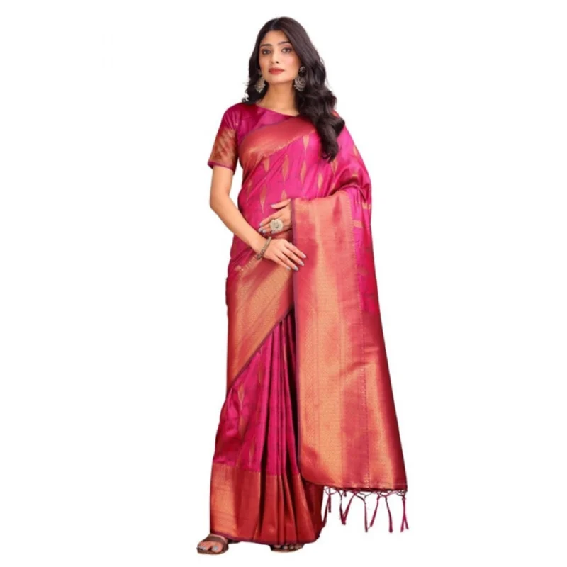 Women's Banarasi Silk Printed Saree With Unstitched Blouse 5.5Mtr (Magenta) - Image 2