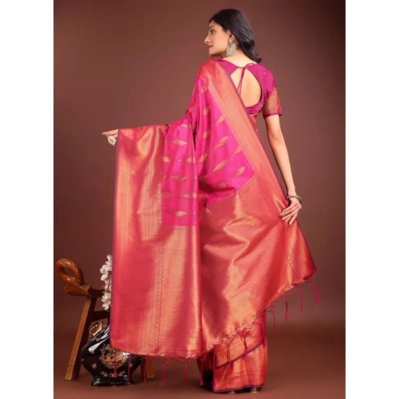 Women's Banarasi Silk Printed Saree With Unstitched Blouse 5.5Mtr (Magenta) - Image 3