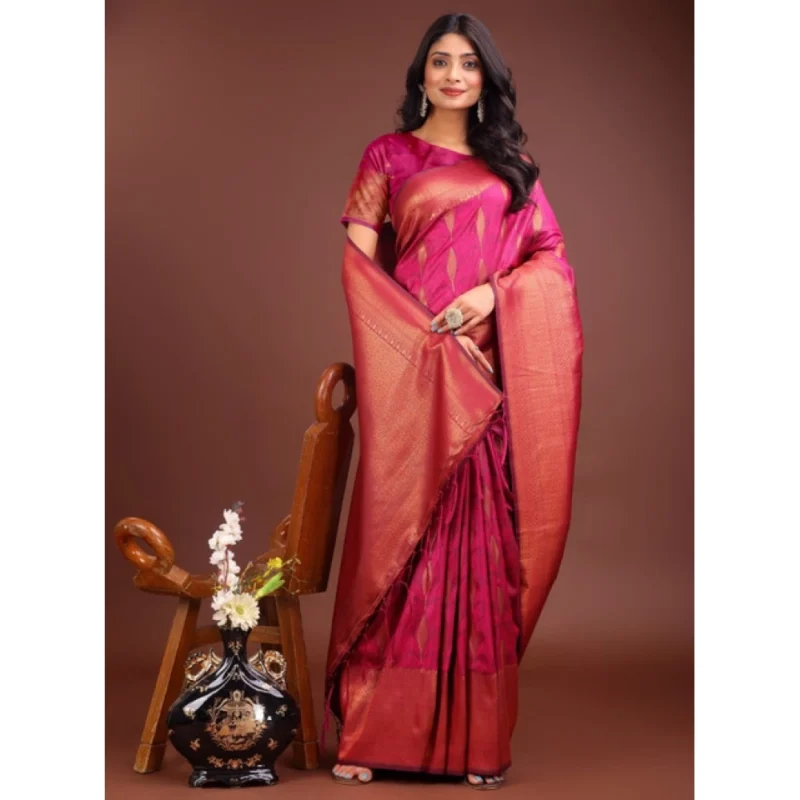 Women's Banarasi Silk Printed Saree With Unstitched Blouse 5.5Mtr (Magenta) - Image 4