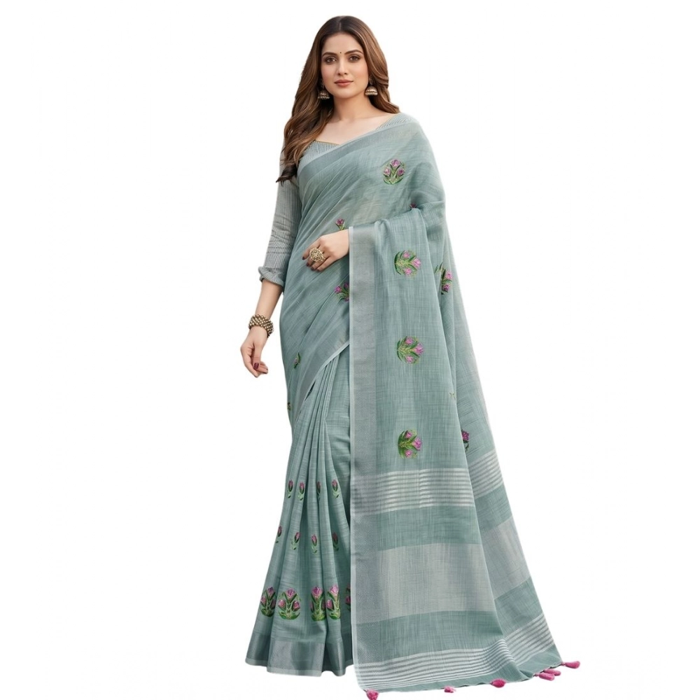 Women's Linen Embroidered Saree With Unstitched Blouse 5.5Mtr (Sea Green) - Image 2