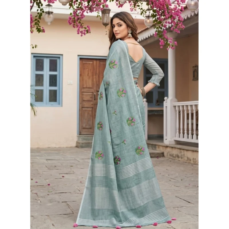 Women's Linen Embroidered Saree With Unstitched Blouse 5.5Mtr (Sea Green) - Image 3