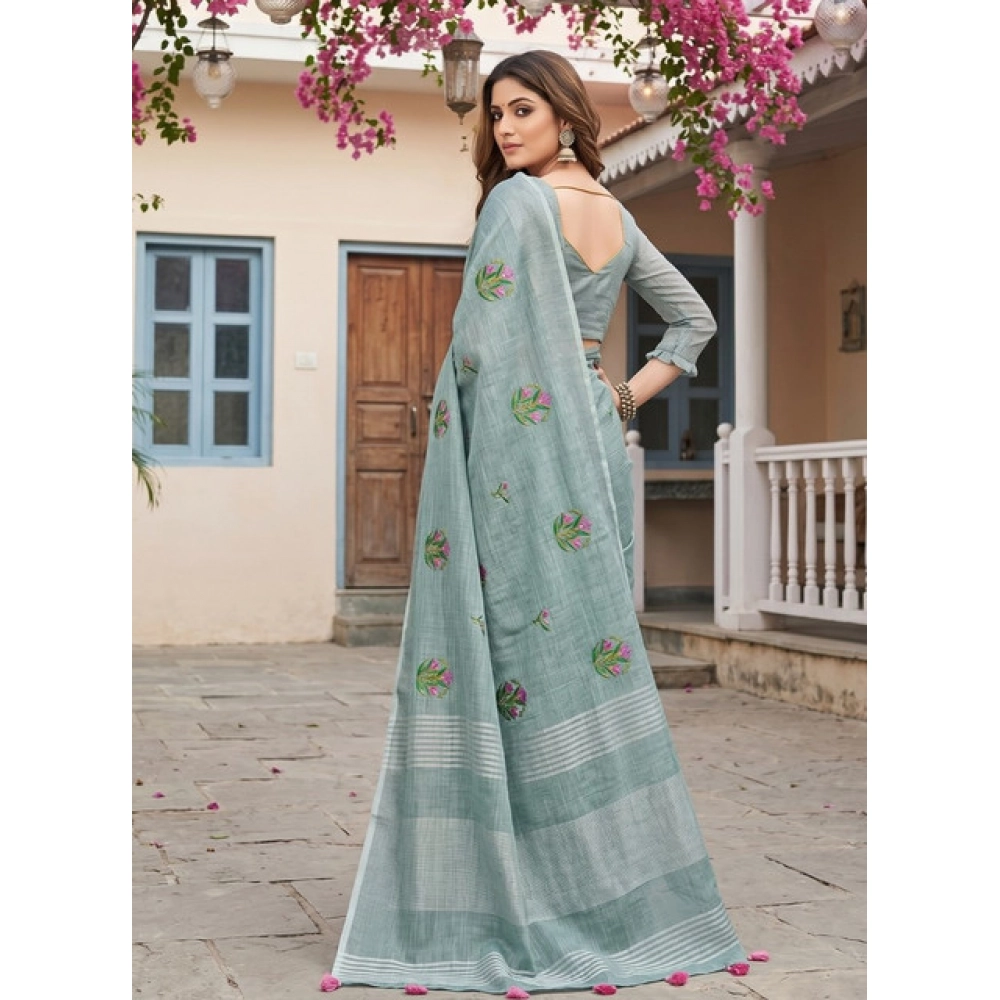 Women's Linen Embroidered Saree With Unstitched Blouse 5.5Mtr (Sea Green) - Image 3
