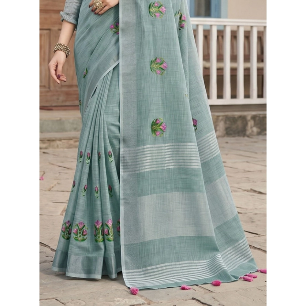 Women's Linen Embroidered Saree With Unstitched Blouse 5.5Mtr (Sea Green) - Image 4