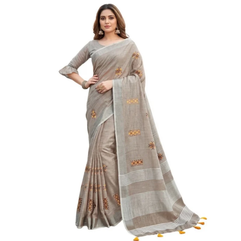Women's Linen Embroidered Saree With Unstitched Blouse 5.5Mtr (Light Beige) - Image 2