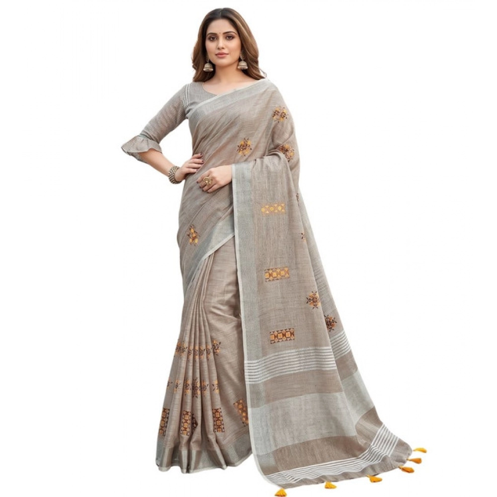 Women's Linen Embroidered Saree With Unstitched Blouse 5.5Mtr (Light Beige) - Image 2