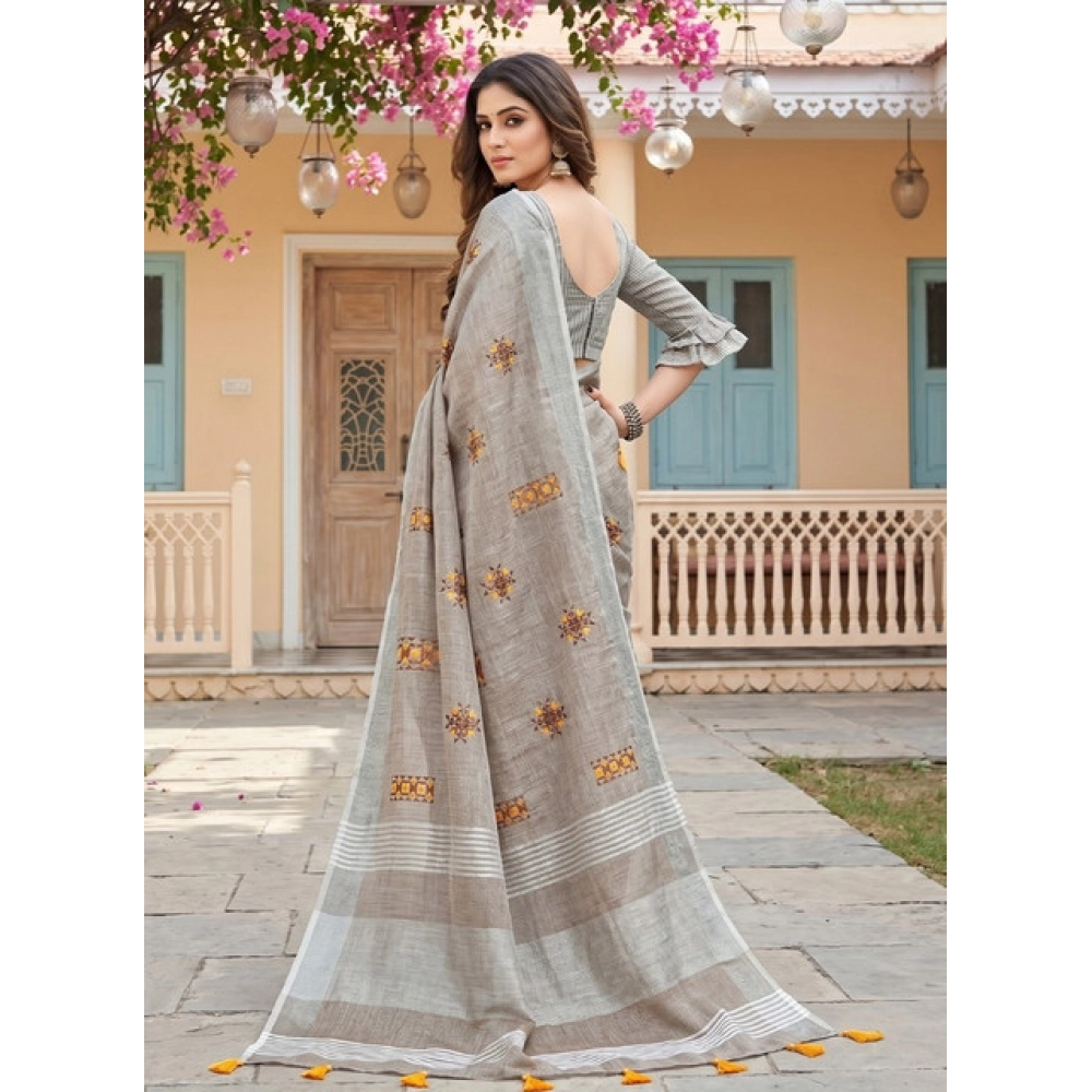 Women's Linen Embroidered Saree With Unstitched Blouse 5.5Mtr (Light Beige) - Image 3