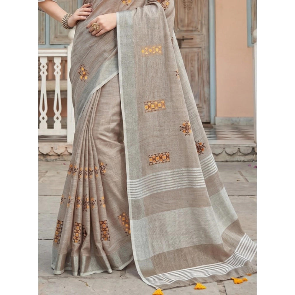Women's Linen Embroidered Saree With Unstitched Blouse 5.5Mtr (Light Beige) - Image 4