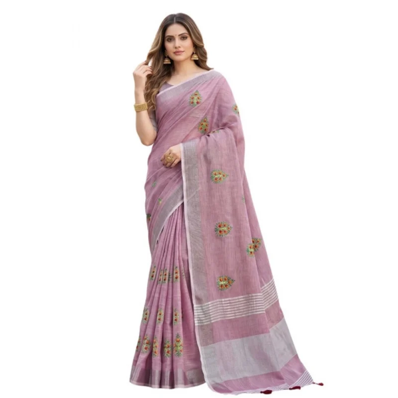 Women's Linen Embroidered Saree With Unstitched Blouse 5.5Mtr (Light Purple) - Image 2