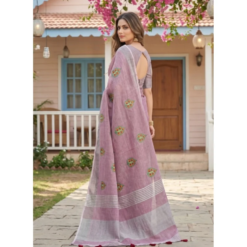Women's Linen Embroidered Saree With Unstitched Blouse 5.5Mtr (Light Purple) - Image 3