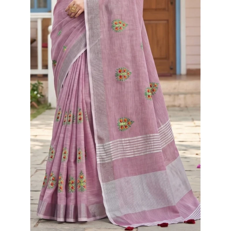 Women's Linen Embroidered Saree With Unstitched Blouse 5.5Mtr (Light Purple) - Image 4