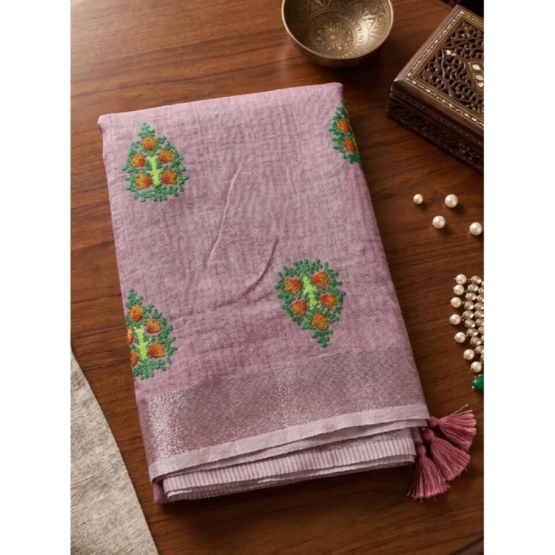 Women's Linen Embroidered Saree With Unstitched Blouse 5.5Mtr (Light Purple) - Image 5