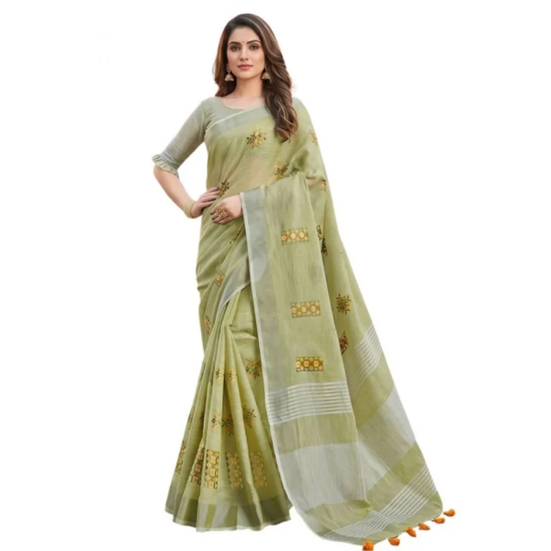 Women's Linen Embroidered Saree With Unstitched Blouse 5.5Mtr (Light Green) - Image 2