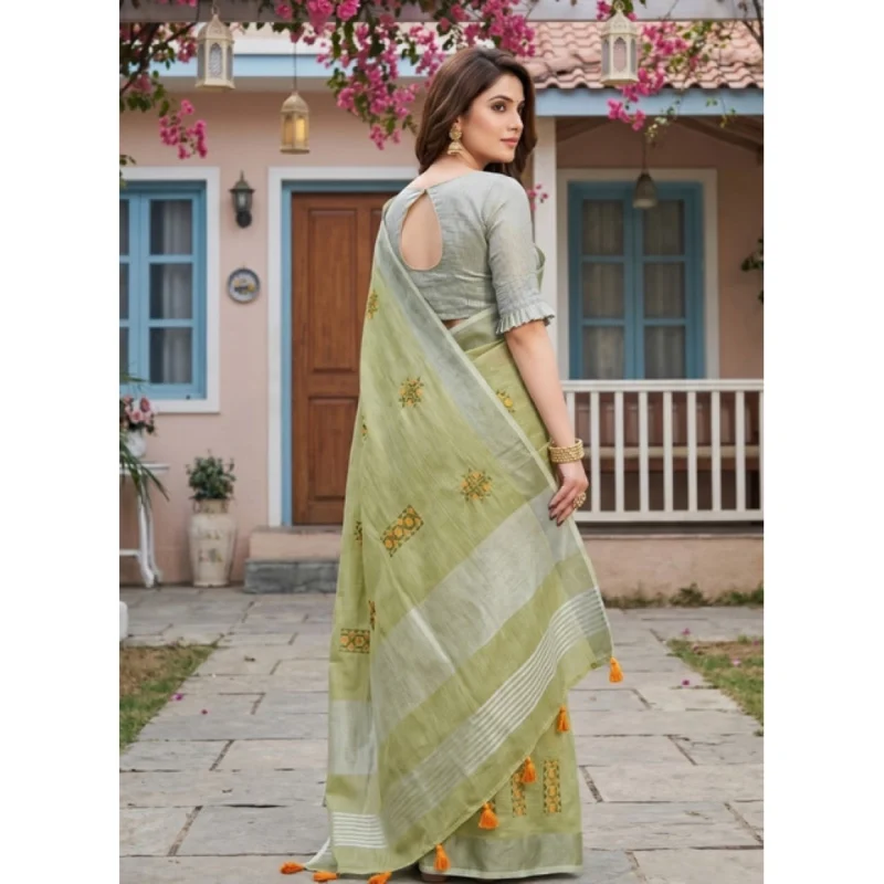 Women's Linen Embroidered Saree With Unstitched Blouse 5.5Mtr (Light Green) - Image 3