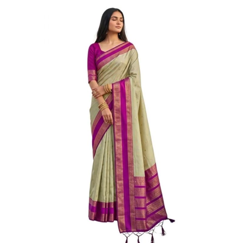 Alternative view of Women's Silk Blend Printed Saree With Unstitched Blouse 5.5Mtr (Light Green-Pink)